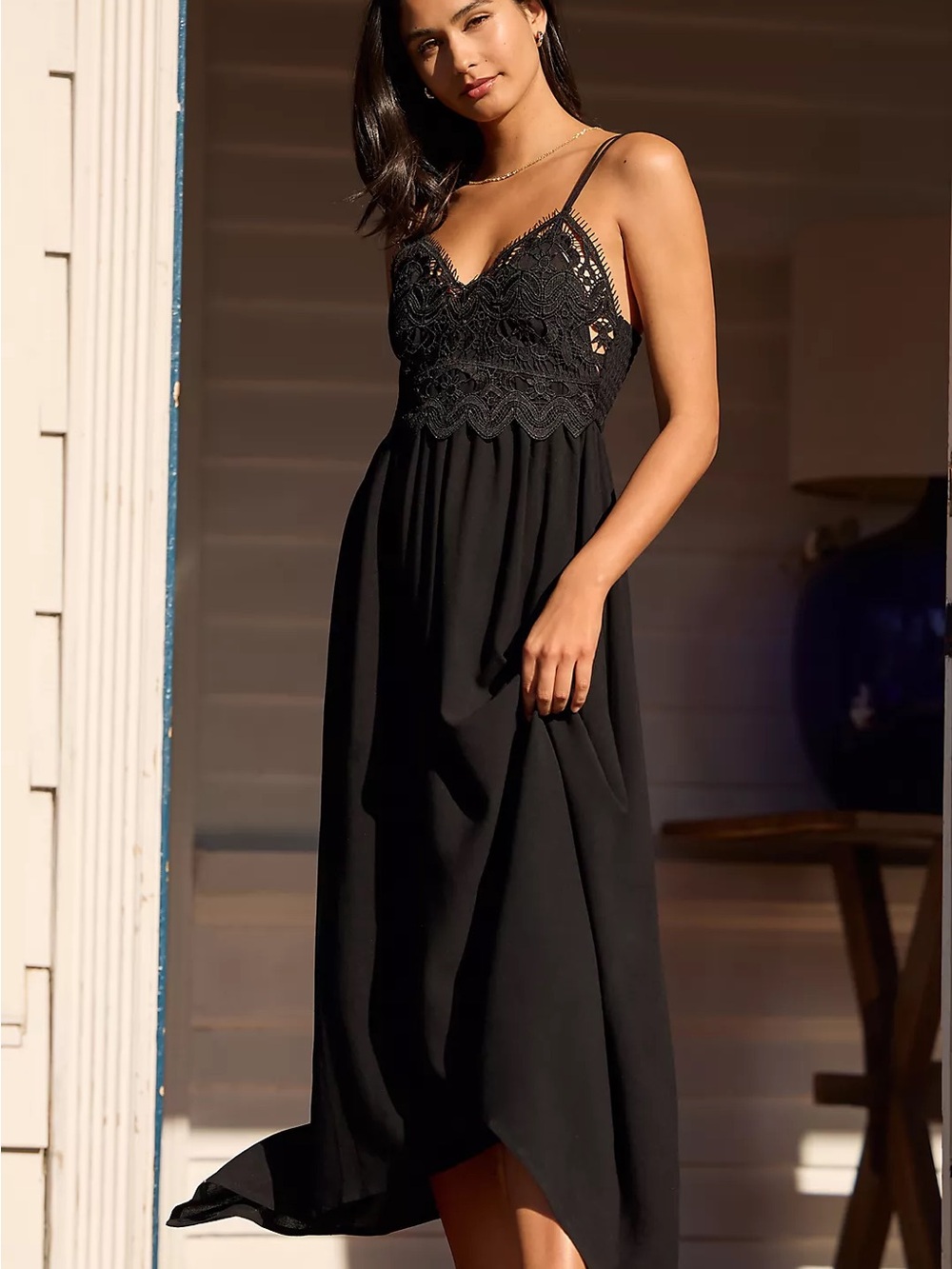 Anthropologie Black Lace Midi Dress Viviette Asymmetrical Whimsygoth Boho Sz S